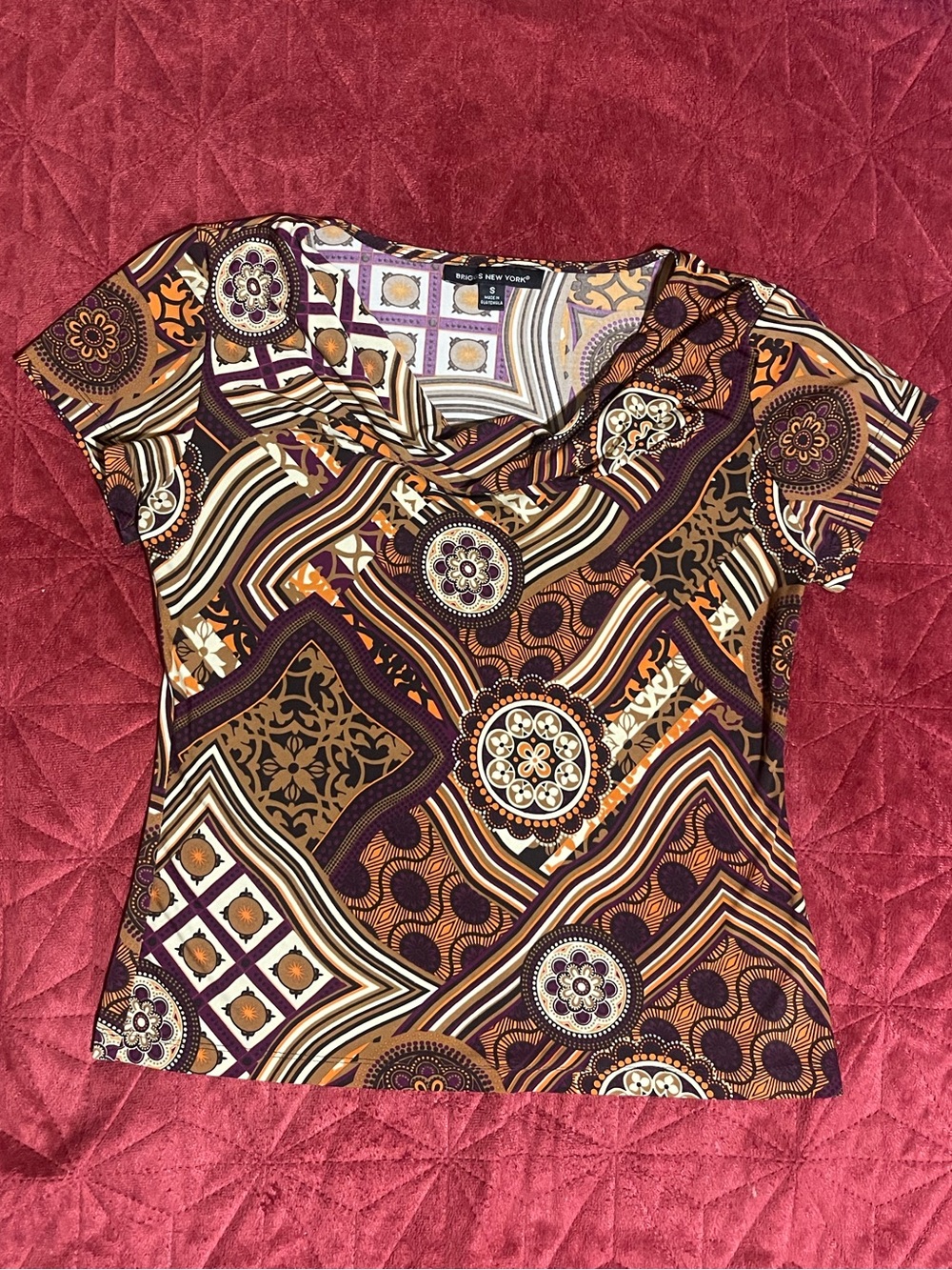 Vintage Y2K Briggs NY Patchwork Geometric Print Cowl Neck Top Boho Whimsigoth